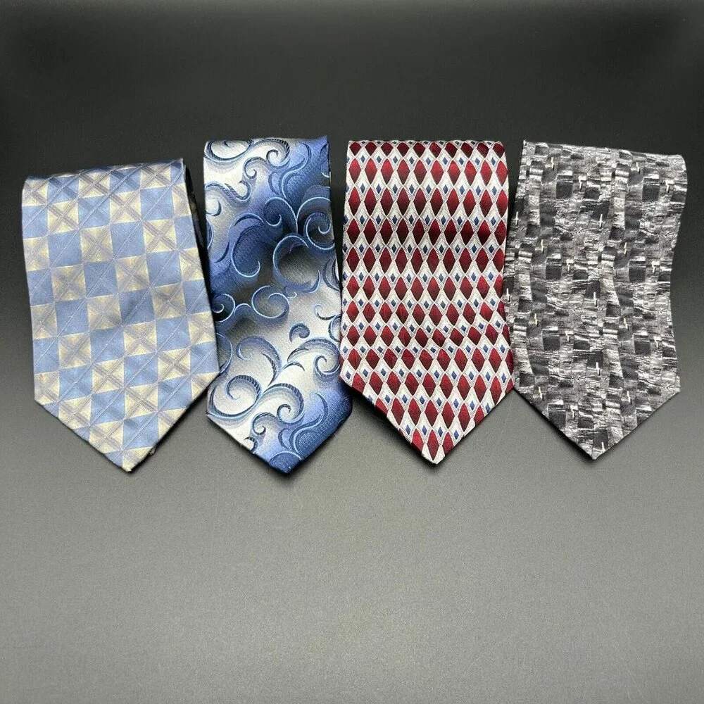 Lot of 4 Men's Neck Ties Silk Blue Silver Gray Red Croft & Barrow Van Heusen